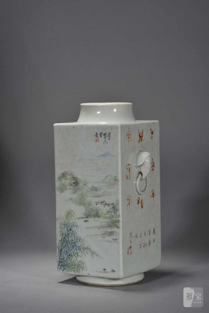 清光绪 周友松浅绛彩山水人物琮式瓶 - 图2